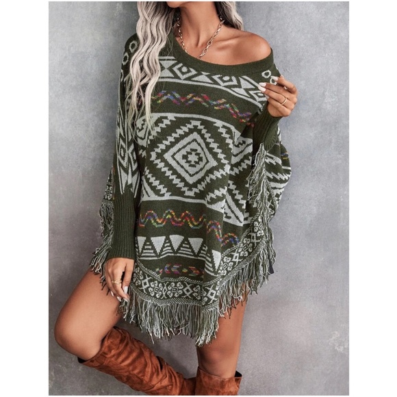 Sweaters - Cozy Tribal Print Tassel hem Poncho Sweater